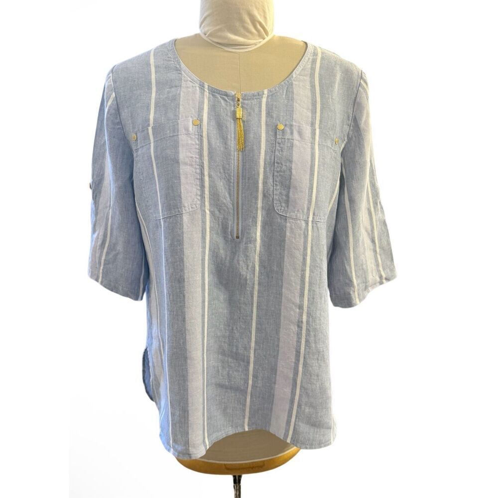 Ellen Tracy 100% Linen 1/4 Zip Blue & White Stripe Tunic Large